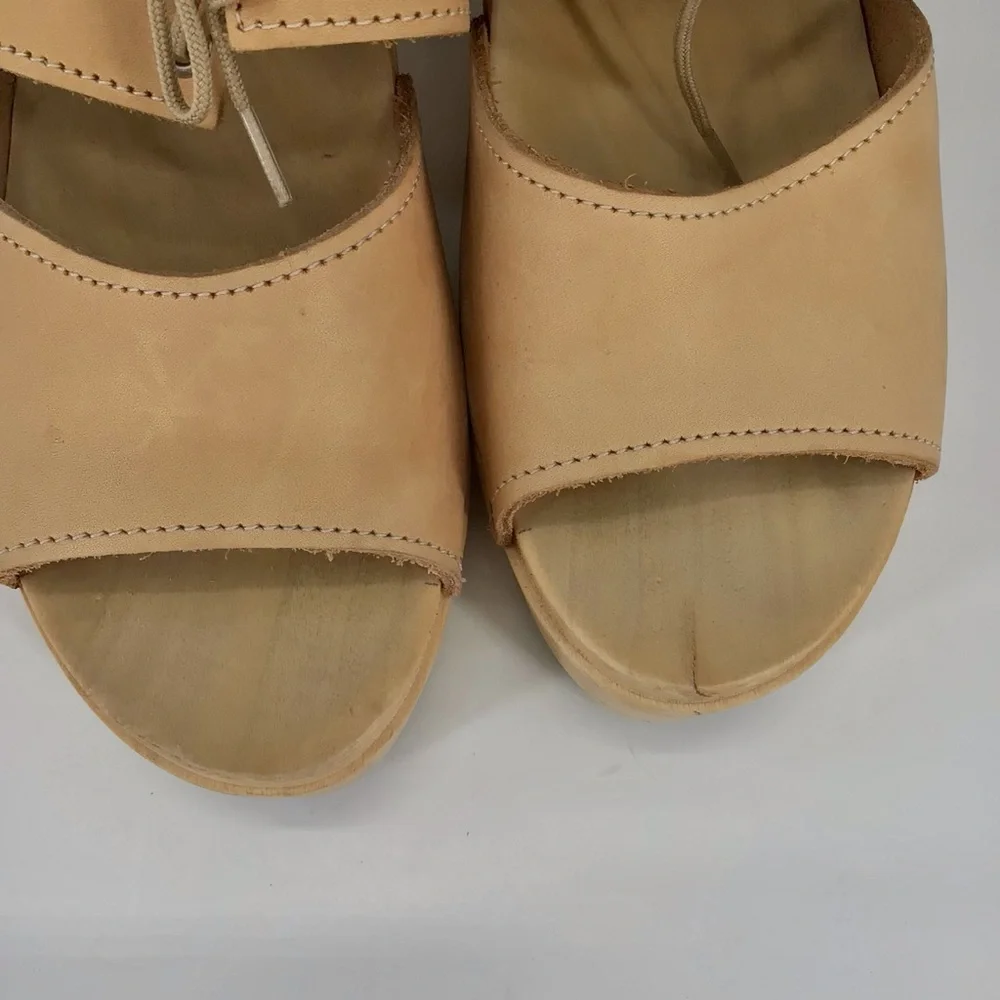 Loeffler Randall Beige Leather Open Toe Block Heel Clog Sandals Size 39 US 8.5